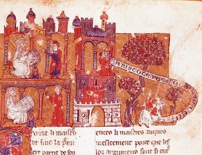 Il filosofo greco Aristotele insegna ai suoi studenti la morale e il disprezzo per le donne (misoginia) (miniatura da un manoscritto italiano del XIV secolo) da Italian School
