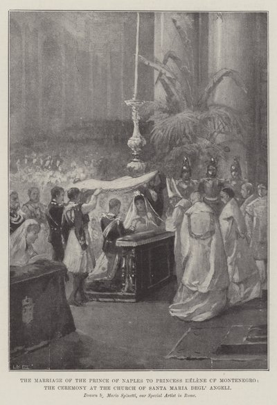 Il matrimonio del principe di Napoli con la principessa Elena del Montenegro, la cerimonia nella chiesa di Santa Maria degli Angeli (litografia) da Italian School