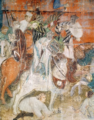 Il mese di febbraio, dettaglio di cavalieri in un torneo, c.1400 da Italian School