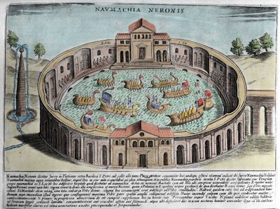 La Naumachia di Nerone, rappresentazione di una battaglia navale a Roma. Incisione (XVII secolo). da Italian School