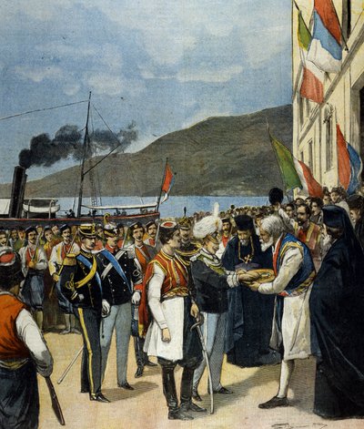 Il Principe di Napoli - poi Vittorio Emanuele III - riceve a Rijeka, secondo la tradizione, pane e sale dalla famiglia di Elena del Montenegro. da Italian School
