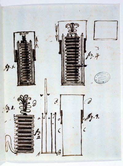 La pila di Volta (batteria). Disegno da una lettera di Alessandro Volta (1745-1827) a Dieudonne Dolomieu (1750-1801) sul galvanismo, 1801 da Italian School
