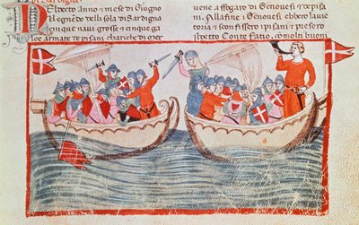 La battaglia di Meloria, miniatura dalle Nuove Cronache di Giovanni Villani, Italia XIV secolo da Italian School