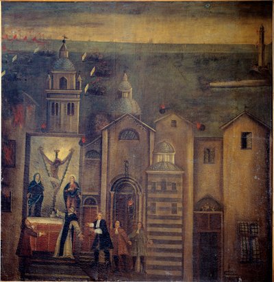 La chiesa di Santa Maria del Castello colpita durante il bombardamento dei francesi nel 1684, Genova da Italian School