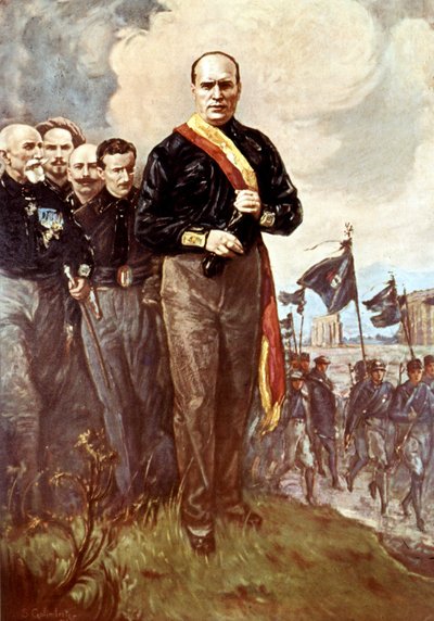 La marcia su Roma: Benito Mussolini cammina verso Roma circondato da camicie nere il 28/10/1922 dopo il quadro (scomparso) di S.Galimberti. da Italian School