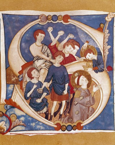 Il martirio di Santo Stefano (Stefano, Stefano). La lapidazione del primo martire cristiano nel 1° secolo. Lettera miniata di un manoscritto della scuola dell