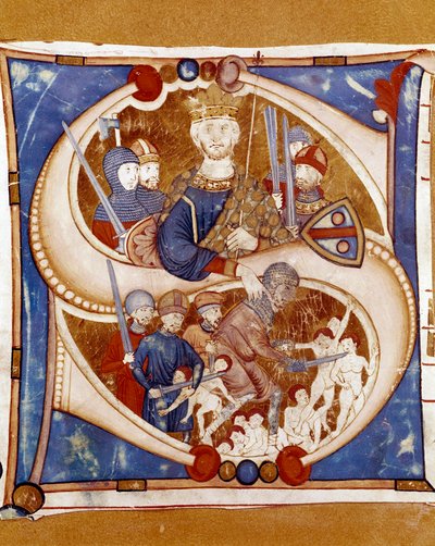 Il massacro degli innocenti. Re Erode I il Grande (73-4 a.C.) è rappresentato mentre ordina il massacro dei neonati di Betlemme. Lettera miniata di un manoscritto della scuola dell