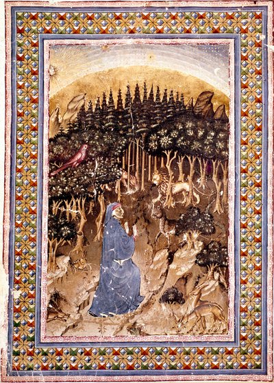 Il poeta Dante si trova in una foresta oscura. Pagina illuminata del primo canto dell