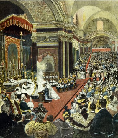 Il matrimonio religioso di colui che diventerà Re Vittorio Emanuele III con la Principessa Elena del Montenegro nella Chiesa di Santa Maria degli Angeli a Roma nel 1896 da Italian School