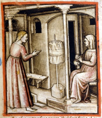 La filatura della lana nel XIV secolo. Miniatura dal codice 212 (o codice padovano o Bibbia di Padova) 1390-1400 Rovigo, Accademia dei Concordi da Italian School