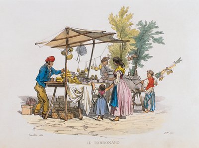 Il torronaro (venditore di torrone) (incisione) da Italian School