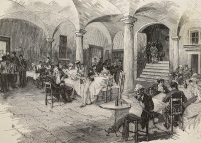 Passeggeri di terza classe e passeggeri di prima classe in quarantena, disinfezione dei bagagli, castello di Quarcino, al confine svizzero, epidemia di colera, Italia, incisione di Mancastropa da disegno di Bonamore, da L