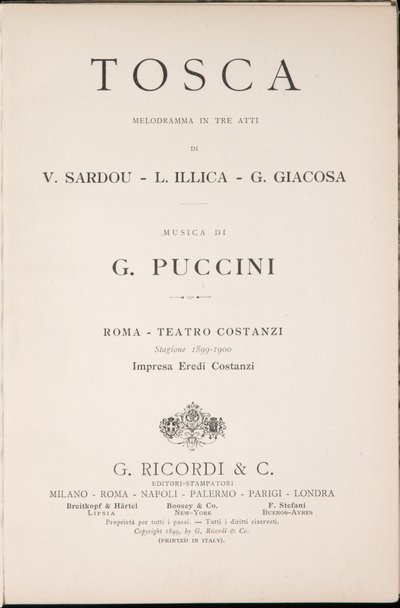 Pagina del titolo, Libretto della Tosca, di Giacomo Puccini, Edizione Ricordi, Italia da Italian School