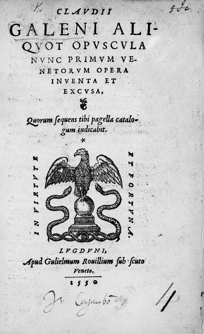 Frontespizio di Claudi Galeni Aliquot opuscula nunc primum Venetorum opera inventa et excusa, una raccolta di opere di Claudio Galeno, pubblicata nel 1550 da Italian School