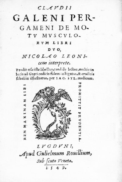 Frontespizio di Claudii Galeni Pergameni De Motu Musculorum Libri Duo, una raccolta di opere di Claudio Galeno, pubblicata nel 1549 da Italian School