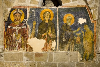 Trittico raffigurante a partire da sinistra San Cataldo, La Maddalena e San Zosimo che amministrano la comunione a Santa Maria Egiziaca, Cripta della Cattedrale da Italian School