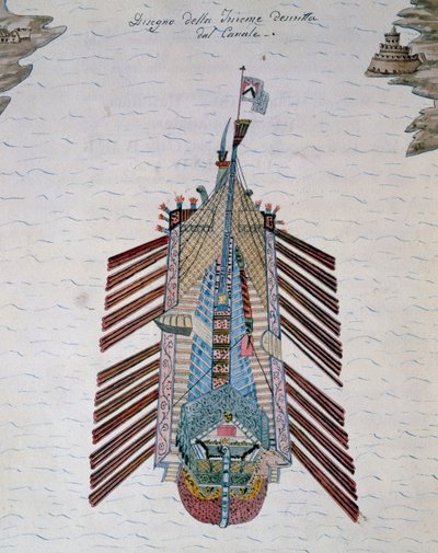 Trireme (nave con tre ordini di remi), dal trattato Sulla milizia marittima, di Cristoforo Canal (1510-1562), Italia da Italian School