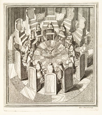 Dodici giudici della Rota che pregano in una sala circolare attorno allo Spirito Santo, pub. 1717 da Italian School