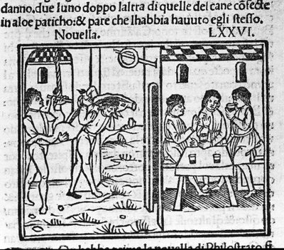 Due uomini che trasportano un maiale sulle spalle. Illustrazione per la novella 76 (Novella 6 dell