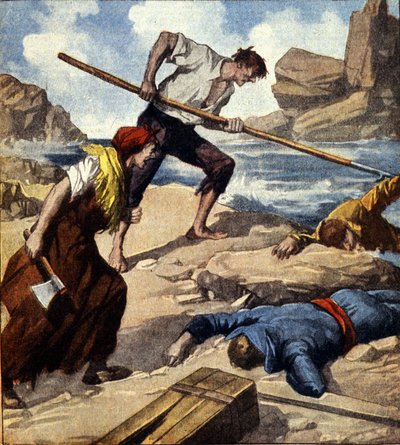 Due naufraghi (pirati) dopo aver trascinato la barca sulla roccia saccheggiano l