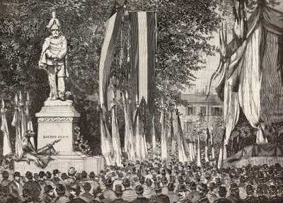 Inaugurazione del monumento al Generale Giacomo Medici, Milano, incisione da disegno di Edoardo Ximenes da fotografia di Rossi, da L