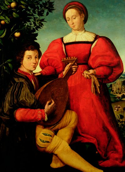 Dama veneziana e suonatore di liuto da Italian School