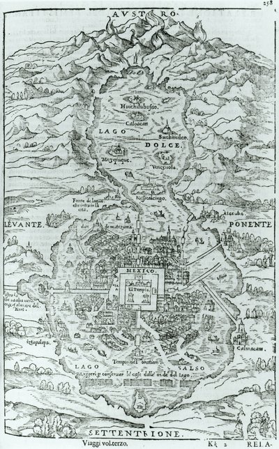 Vista da nord della città azteca di Tenochtitlan, da Relazione della Città di Temistitan di Giovanni Battista Ramusio (1485-1557) pubblicato a Venezia nel 1606 da Italian School