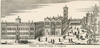 Veduta di Piazza San Crispino e Cattedrale di Ferrara, incisione da Italian School