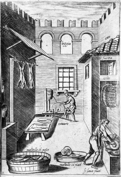 Veduta di una cucina. In fondo, un uomo affila i coltelli mentre un altro lava i piatti. Incisione da "Opera", libro di gastronomia diviso in 6 parti, di Bartolomeo Scappi, cuoco personale di Papa Pio V. Venezia da Italian School