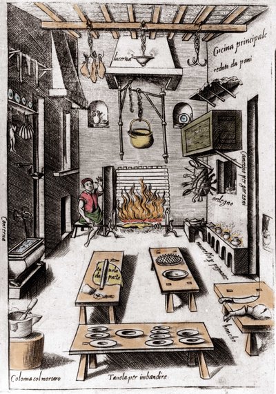 Veduta di una cucina. Incisione da 