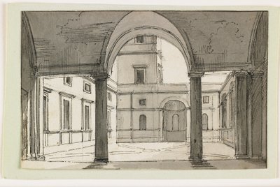 Veduta di un colonnato e cortile italiano, inizio XIX secolo da Italian School