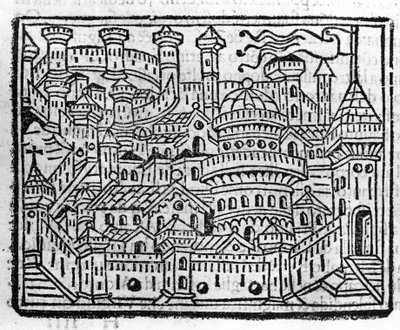 Veduta della città di Aosta in Italia. Incisione in "Supplemento alle cronache" di Fra Jacopo Filippo Foresti, Venezia da Italian School