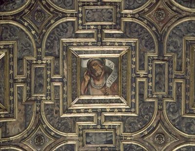 Vista del soffitto a cassettoni con pannelli dipinti da Pier Maria Pennacchi (1464-1514/15) da Italian School