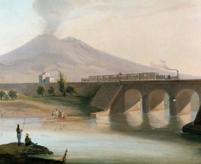 Veduta della linea ferroviaria tra Torre Annunziata e Nocera nella regione di Napoli inaugurata nel 1844, con il Vesuvio sullo sfondo da Italian School