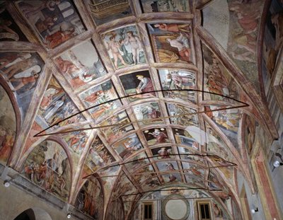Vista della sala voltata decorata con affreschi del vecchio e nuovo testamento da Italian School