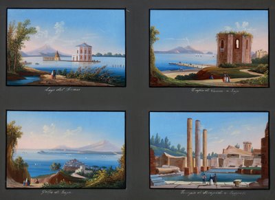 Vedute dei Campi Flegrei: Lago Fusaro, Tempio di Venere a Baia, Golfo di Baia, Tempio di Serapide a Pozzuoli da Italian School