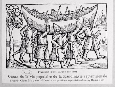I Vichinghi trasportano una barca in Russia, illustrazione da Historia de Gentibus Septentrionalibus di Olaus Magnus (1490-1558), pubblicata a Roma, 1555 da Italian School