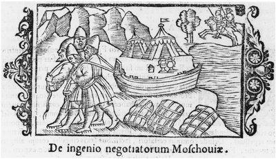Vichinghi che trasportano una barca in Russia, illustrazione da Historia de Gentibus Septentrionalibus di Olaus Magnus (1490-1558), pubblicato a Roma, 1555 da Italian School