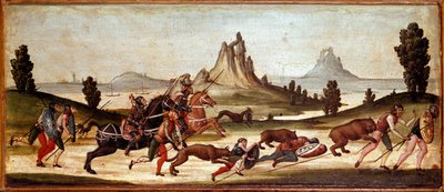 Scena di caccia alla fauna selvatica. I cacciatori vengono morsi dagli animali. Pittura della scuola senese. XV secolo, Firenze, Museo Nazionale del Bargello da Italian School