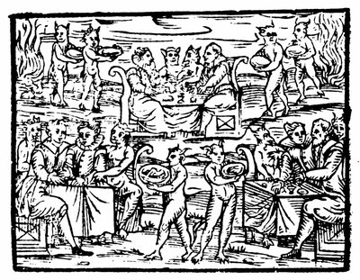 Streghe e stregoni che banchettano al sabba, illustrazione dal Compendium Maleficarum di Francesco Maria Guazzo, 1608 da Italian School