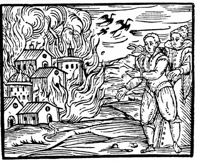 Streghe che distruggono una casa con il fuoco, Svevia nel 1533, illustrazione dal Compendium Maleficarum di Francesco Maria Guazzo, 1608 da Italian School