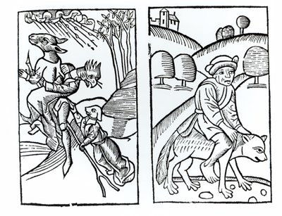Streghe travestite da animali che cavalcano una scopa (sinistra) e stregone maschio che cavalca un lupo (destra), copie di illustrazioni dal Compendium Maleticarum di Fr M Guaccius, Milano 1608, usate in History of Magic da Italian School