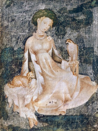 Donna seduta a terra con cane e falco, disegno ad acquerello, Francia da Italian School
