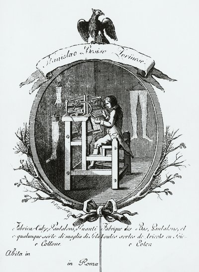 Lavoratore al telaio, immagine pubblicitaria di Stanislaus Bosisio Torinese, produttore di calze, pantaloni, guanti e ogni sorta di maglieria in seta e cotone, incisione, Italia da Italian School