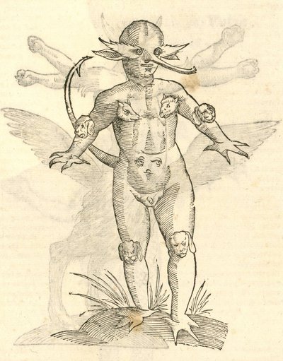illustrazione di Infans capitibus Animalium dalla Storia dei Mostri di Aldrovandi, 1642 da Italian School