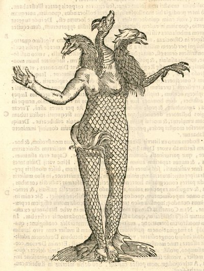 illustrazione di Monstrum triceps capite Vulpis, Draconis, & Aquilae dalla Storia dei Mostri di Aldrovandi, 1642 da Italian School