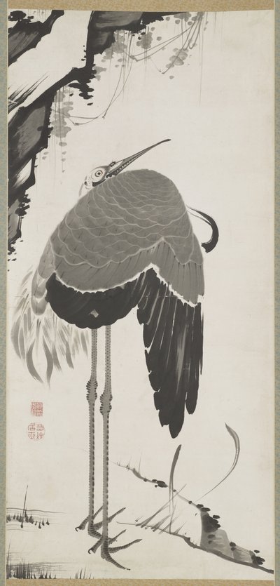 Gru, una di una coppia, Pergamena appesa, Periodo Edo da Ito Jakuchu