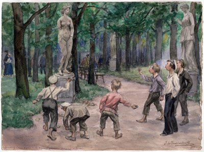 Competizione sportiva nei giardini imperiali, San Pietroburgo (dei bambini lanciano sassi su una statua di donna nuda) da Ivan Alexeyevich Vladimirov