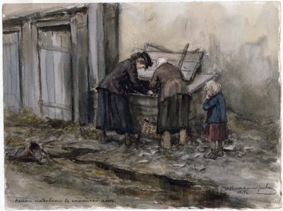 Due donne e un bambino cercano cibo in un bidone della spazzatura (dalla serie di acquerelli Rivoluzione russa) da Ivan Alexeyevich Vladimirov
