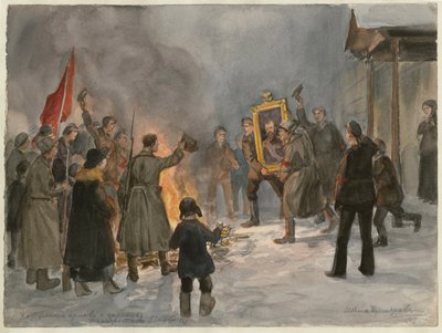 Soldati che bruciano dipinti (dalla serie di acquerelli Rivoluzione russa) da Ivan Alexeyevich Vladimirov